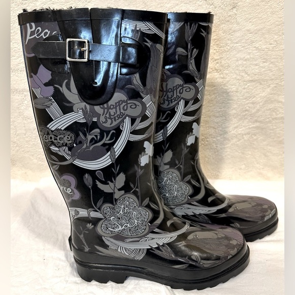 THE SAK “peace nature happy free” rain boots mud Wellies purple black design - Picture 3 of 10